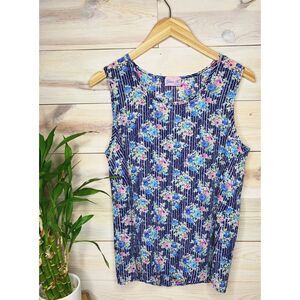 Navy Floral Sleeveless Tank Top with Vertical Stripes